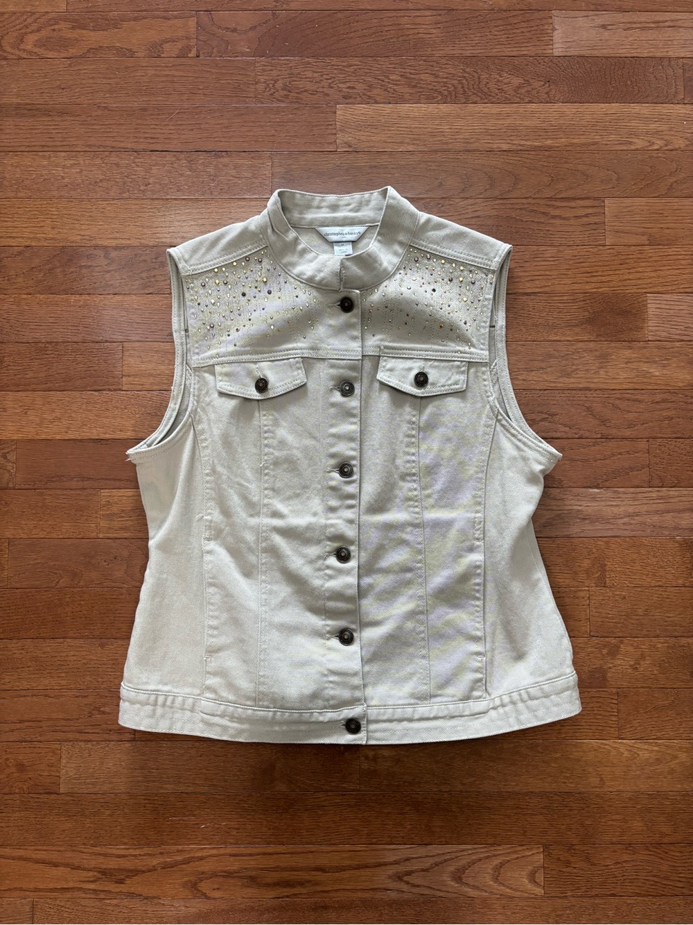 Christopher and Banks Tan Denim Button Up Vest with Rhinestones